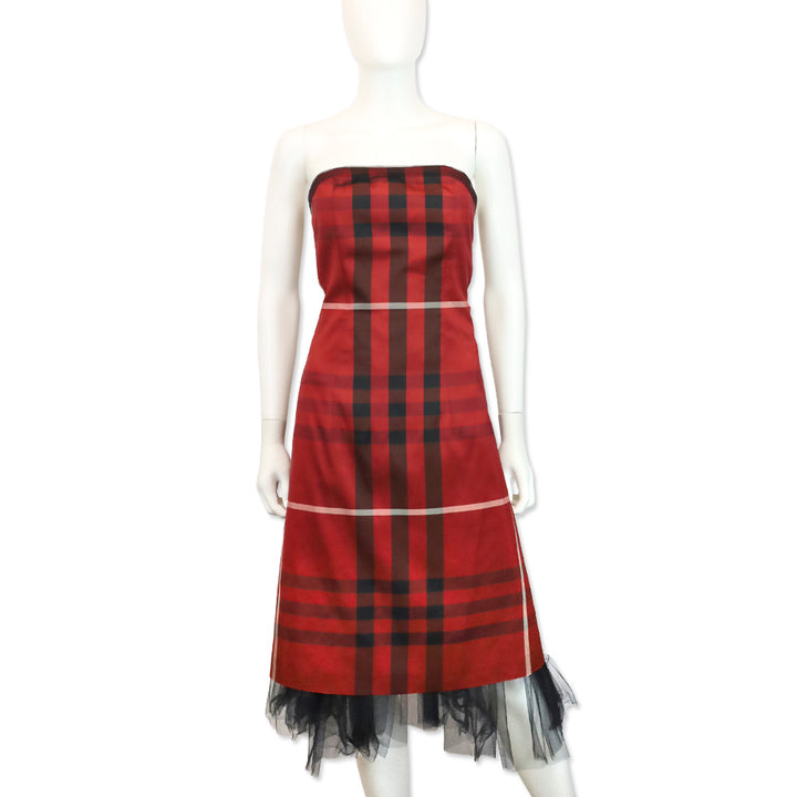 Burberry Red/Black Plaid Pattern Strapless Midi Dress with Black Tulle Trim