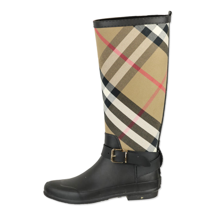 Burberry Simeon Black Rubber & Canvas Check Rain Boots