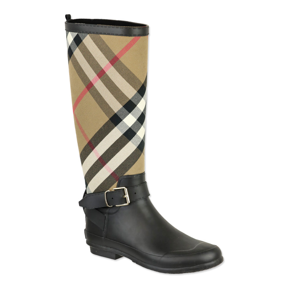 Burberry Simeon Black Rubber & Canvas Check Rain Boots