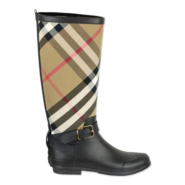 Burberry Simeon Black Rubber & Canvas Check Rain Boots
