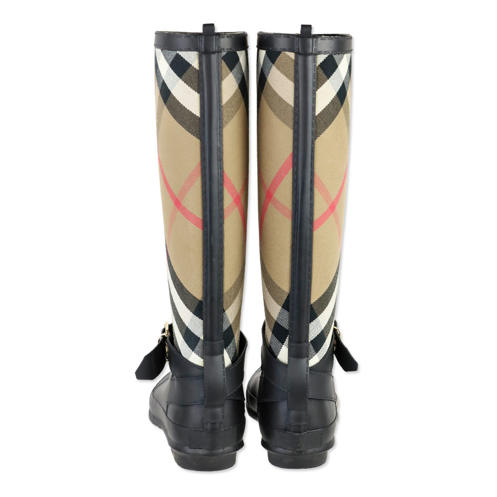 Burberry Simeon Black Rubber & Canvas Check Rain Boots