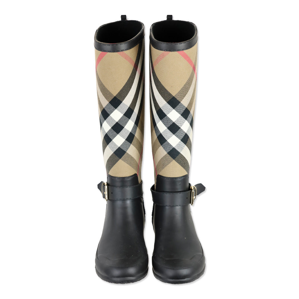 Burberry Simeon Black Rubber & Canvas Check Rain Boots