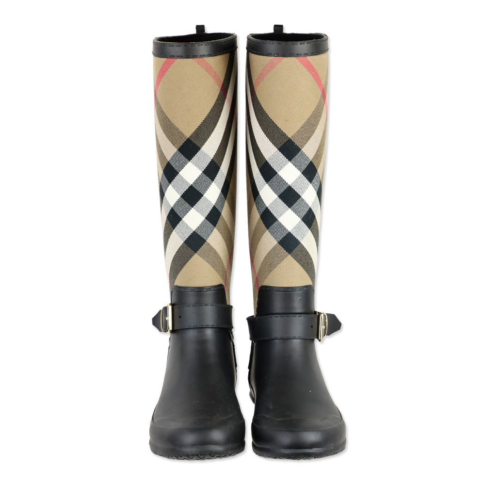 Burberry Simeon Black Rubber & Canvas Check Rain Boots