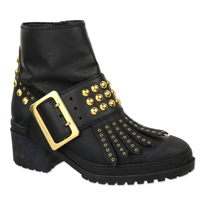 Burberry Whitchester Black Leather Gold Studded Kiltie Ankle Boots