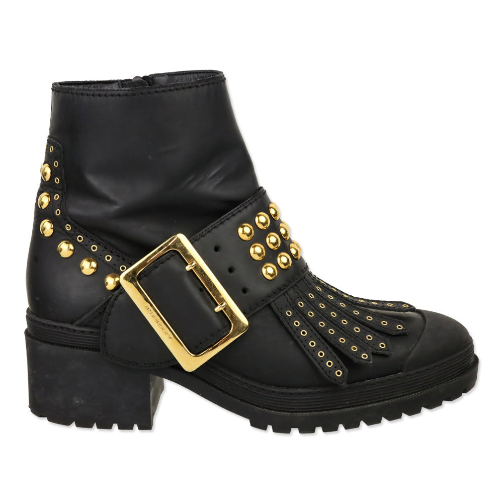 Burberry Whitchester Black Leather Gold Studded Kiltie Ankle Boots