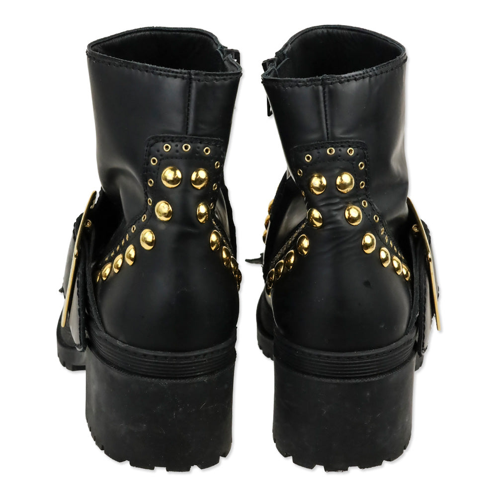 Burberry Whitchester Black Leather Gold Studded Kiltie Ankle Boots