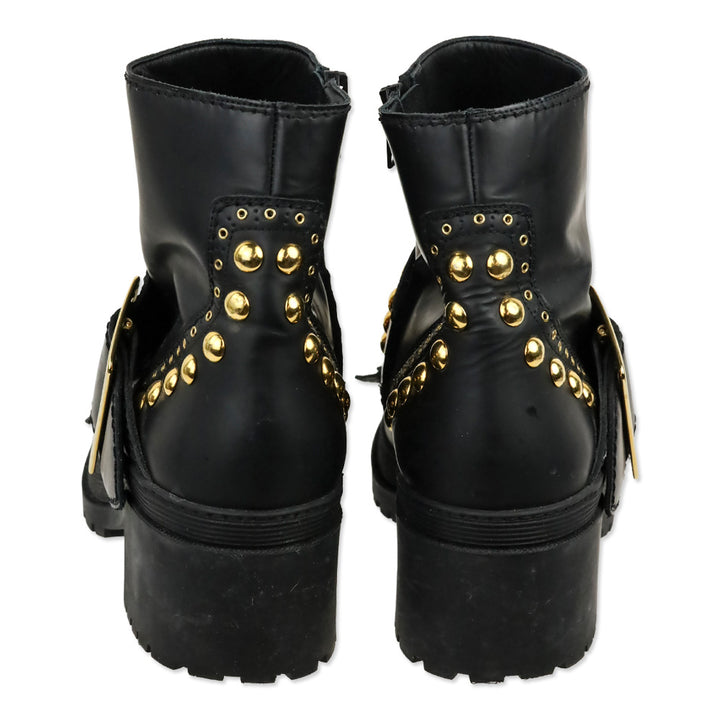 Burberry Whitchester Black Leather Gold Studded Kiltie Ankle Boots