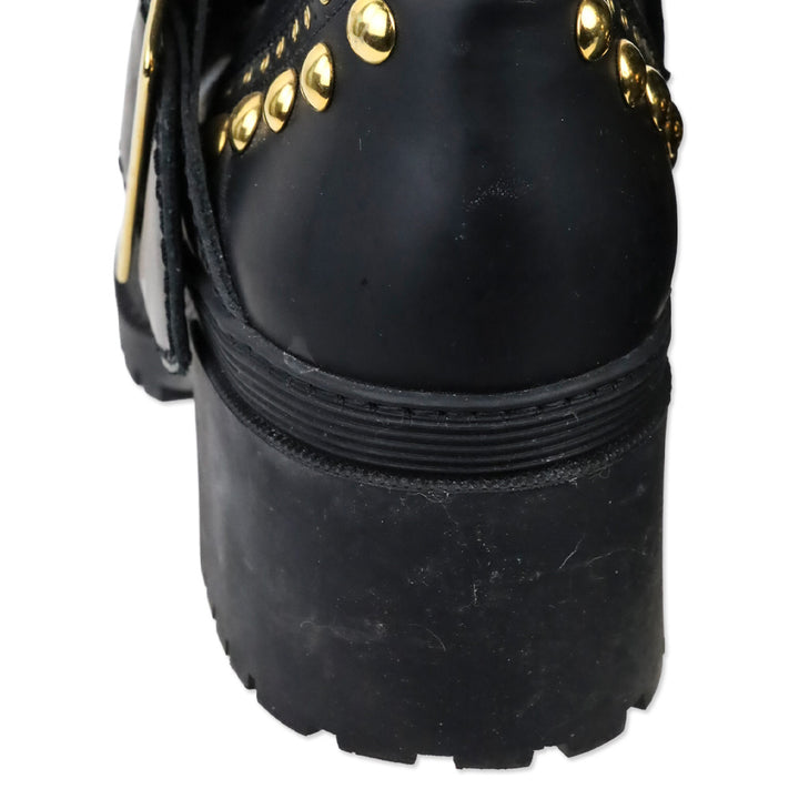 Burberry Whitchester Black Leather Gold Studded Kiltie Ankle Boots