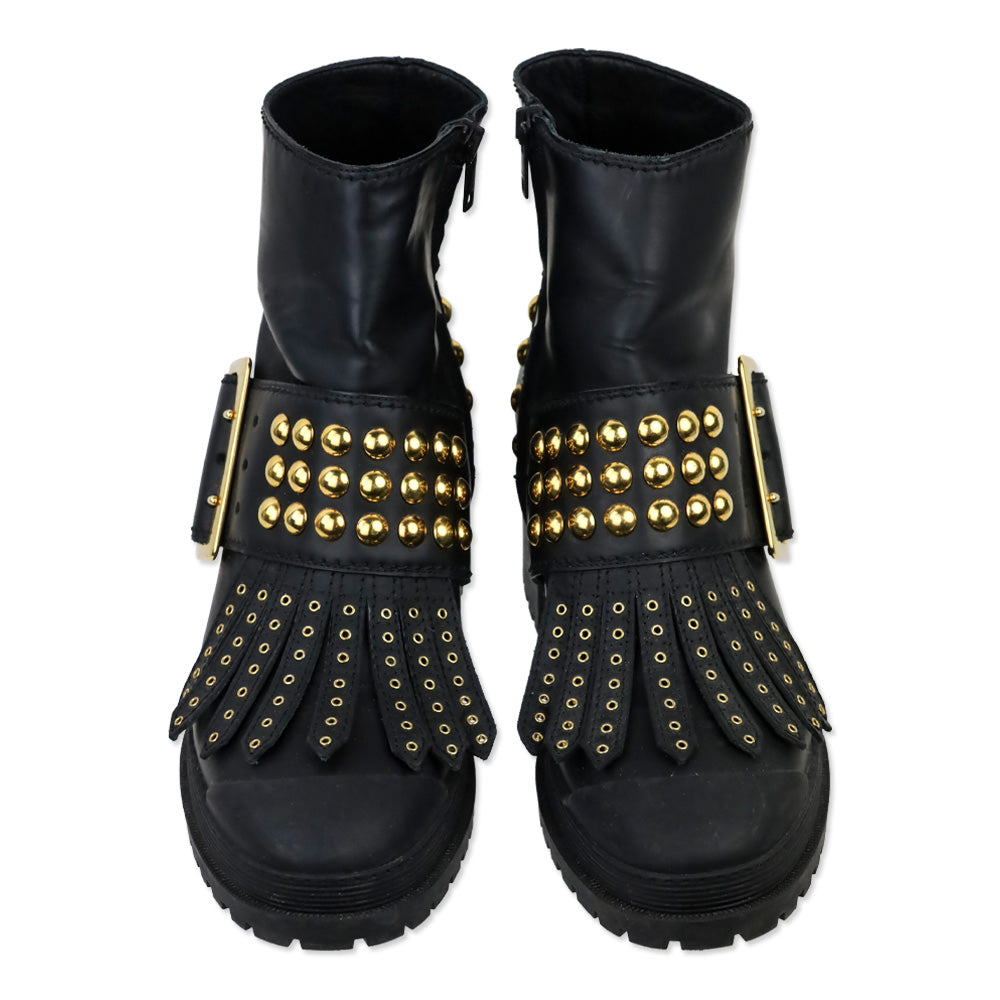 Burberry Whitchester Black Leather Gold Studded Kiltie Ankle Boots