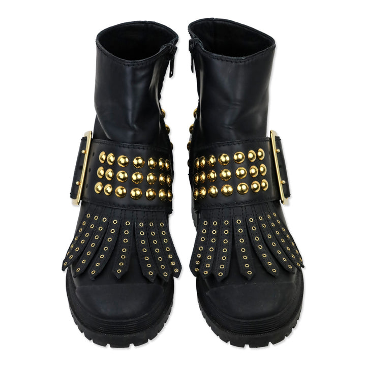 Burberry Whitchester Black Leather Gold Studded Kiltie Ankle Boots