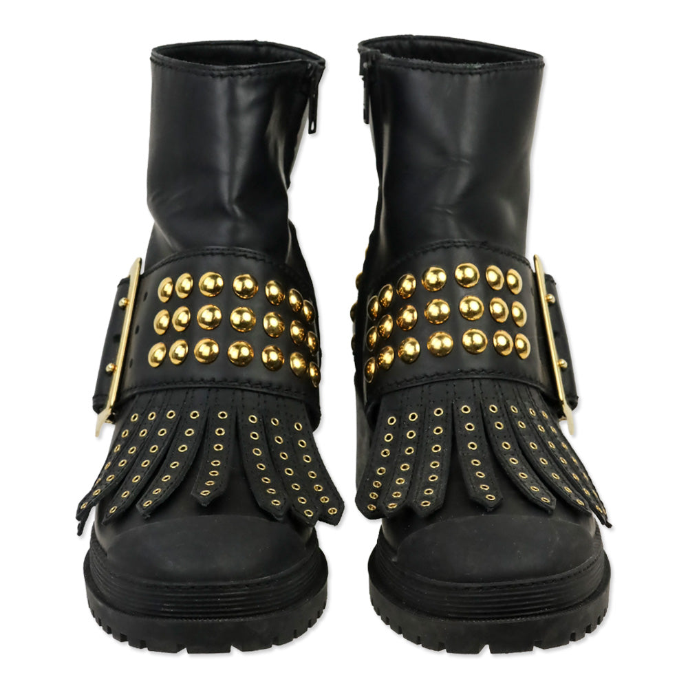 Burberry Whitchester Black Leather Gold Studded Kiltie Ankle Boots