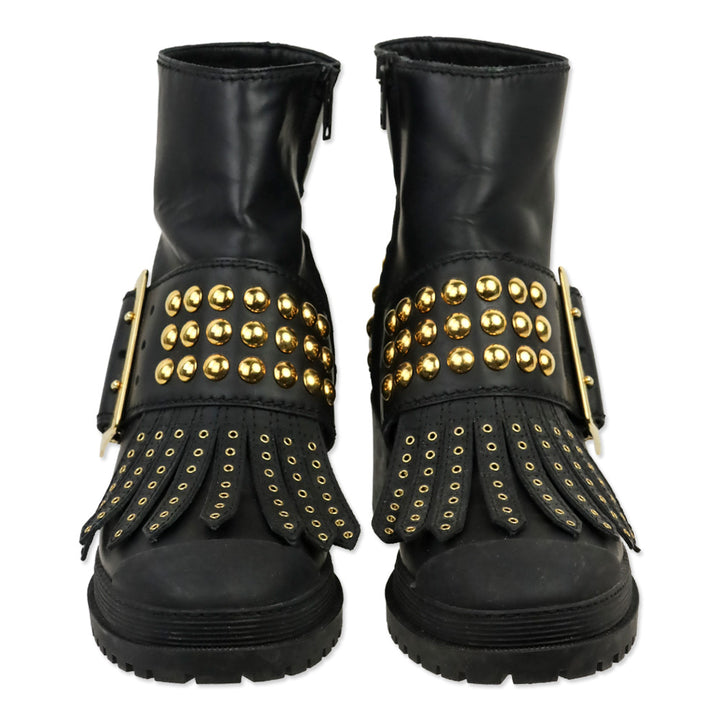 Burberry Whitchester Black Leather Gold Studded Kiltie Ankle Boots