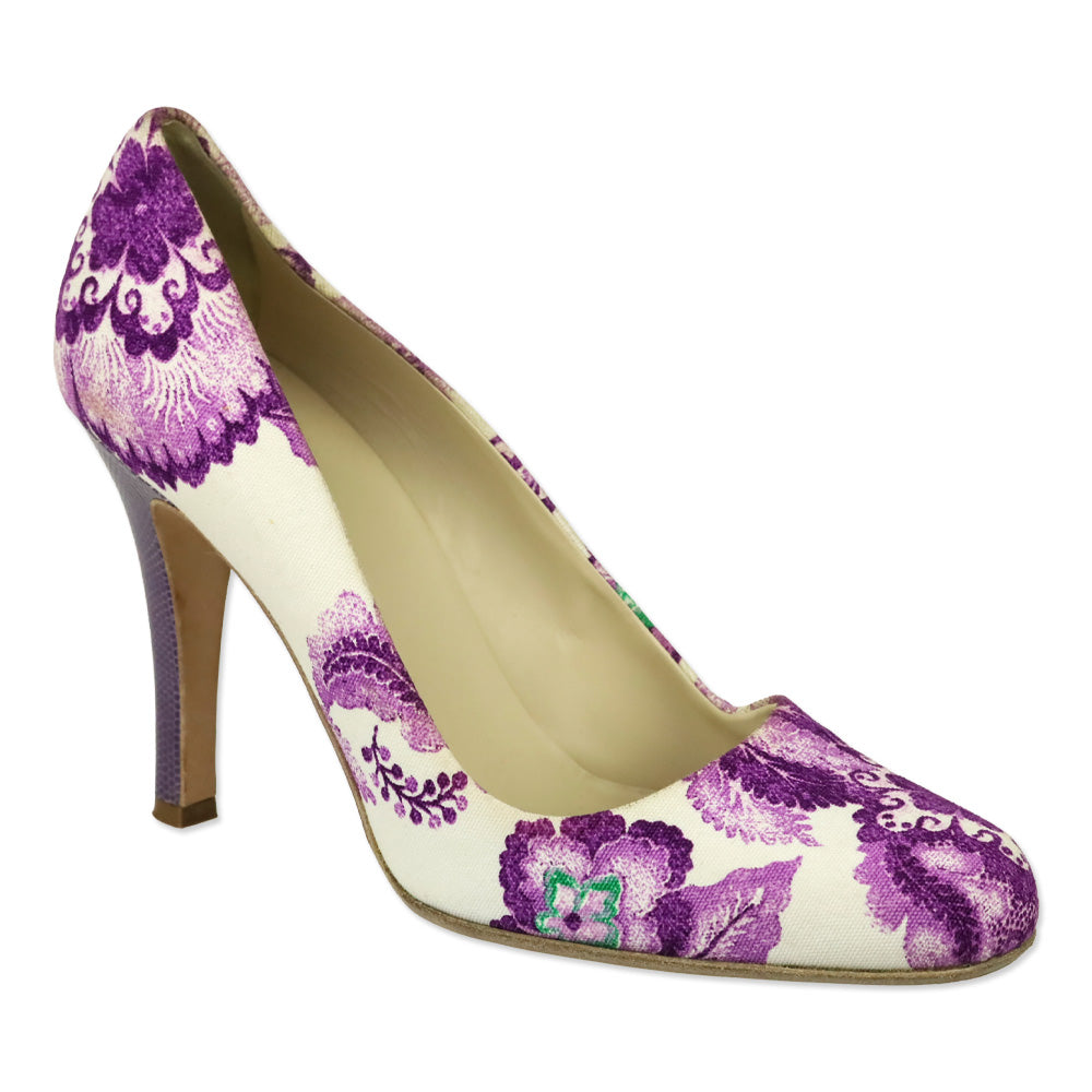 Burberry White/Purple Floral Print Canvas Pumps