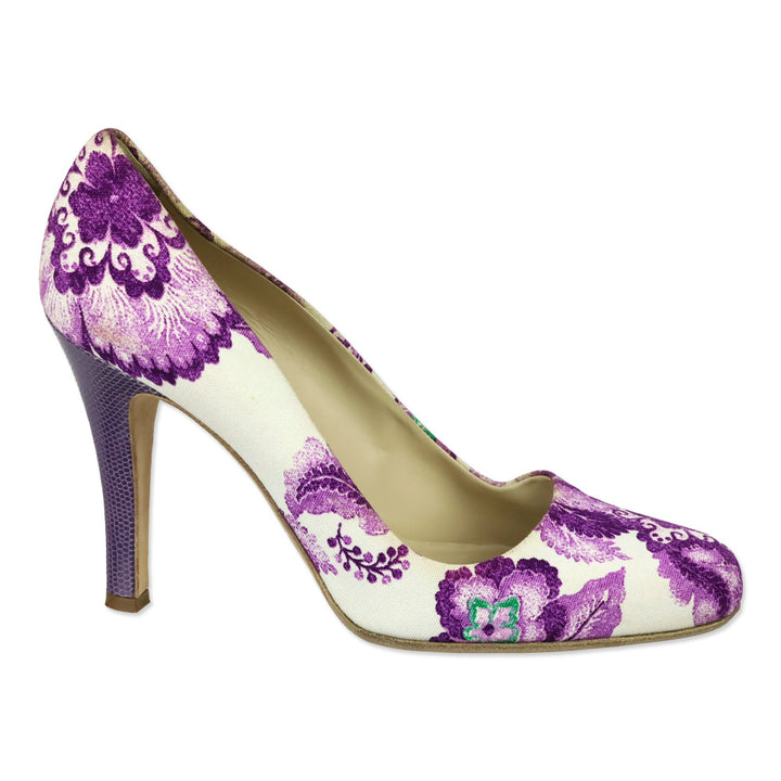 Burberry White/Purple Floral Print Canvas Pumps