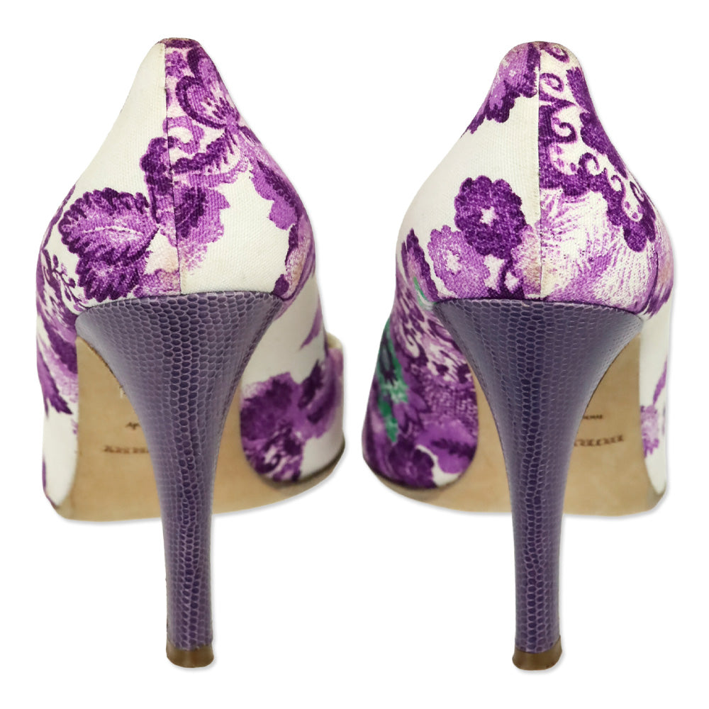Burberry White/Purple Floral Print Canvas Pumps