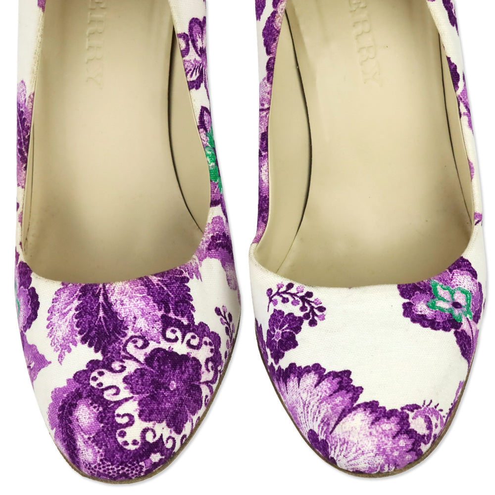 Burberry White/Purple Floral Print Canvas Pumps