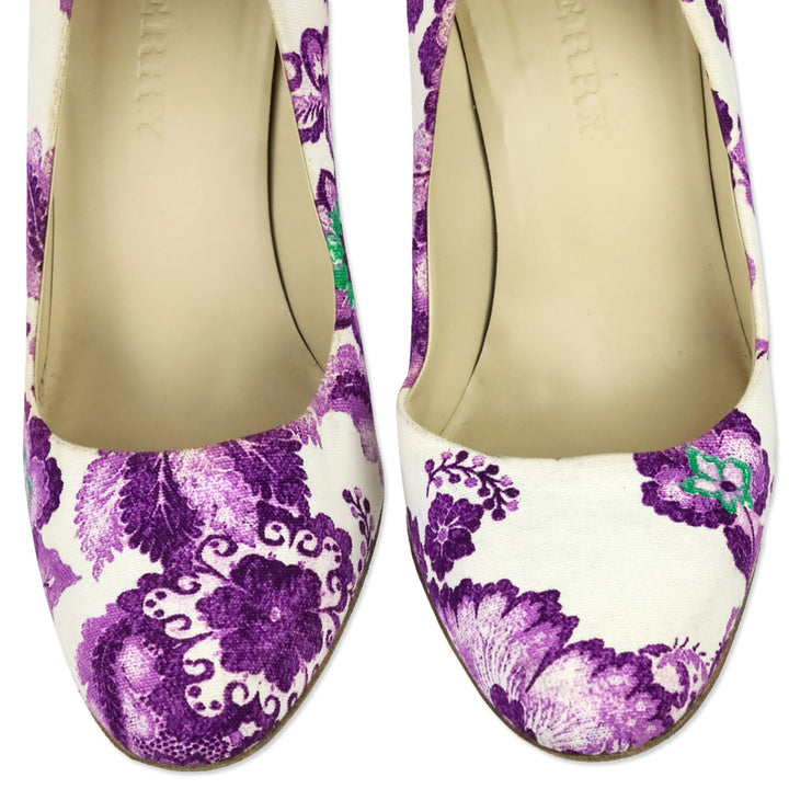 Burberry White/Purple Floral Print Canvas Pumps
