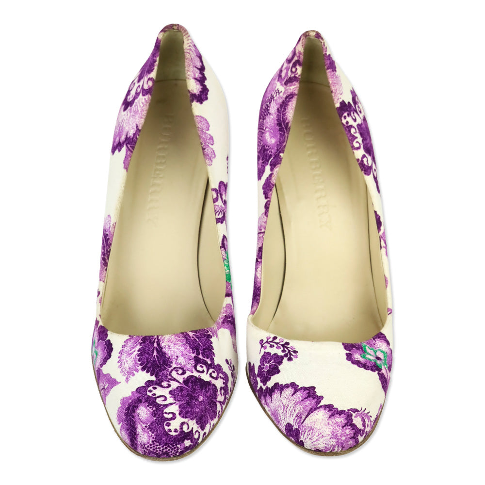 Burberry White/Purple Floral Print Canvas Pumps