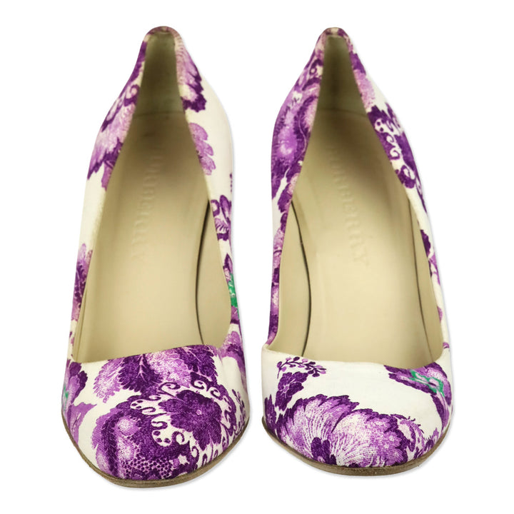 Burberry White/Purple Floral Print Canvas Pumps