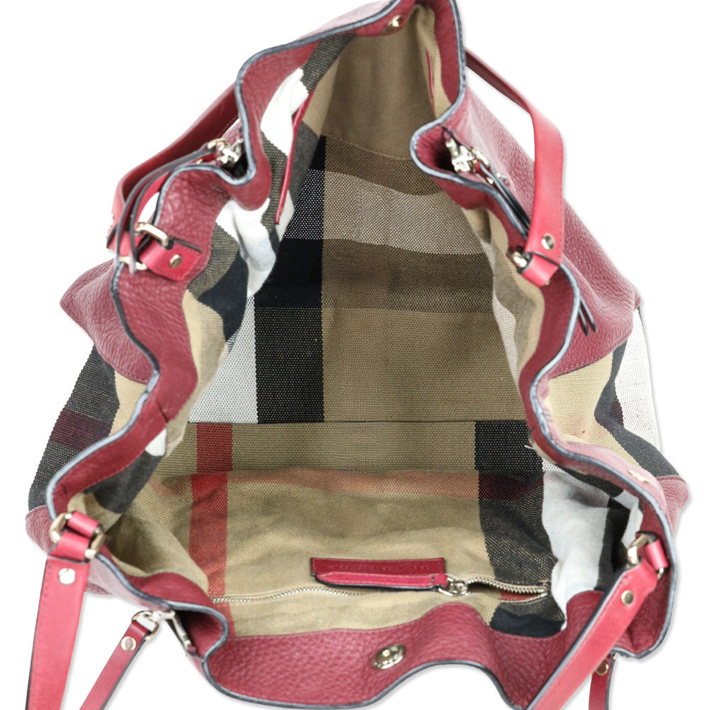 Burberry Burgundy Pebbled Leather/House Check Canvas Maidstone Tote