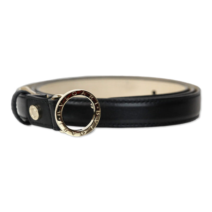 Bvlgari Black Leather Ring Buckle Slim Belt
