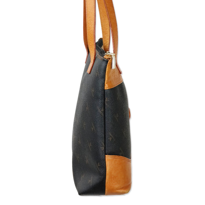 C. Valentino Black Monogram Tan Leather Tote
