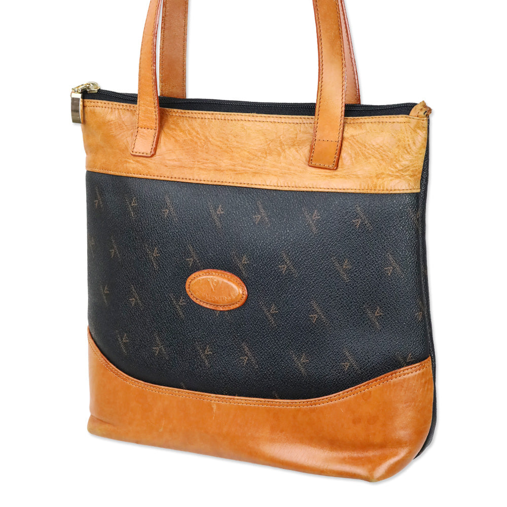 C. Valentino Black Monogram Tan Leather Tote