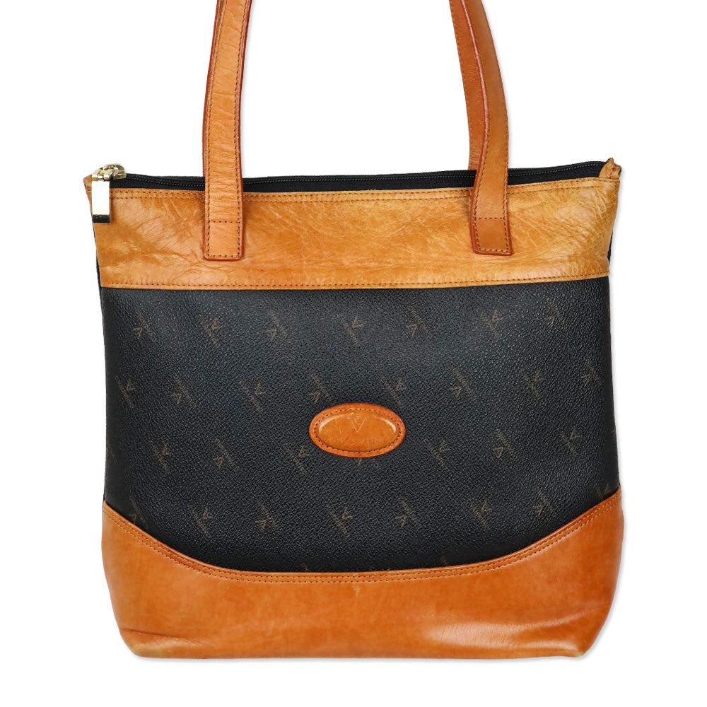 C. Valentino Black Monogram Tan Leather Tote