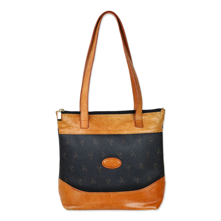 C. Valentino Black Monogram Tan Leather Tote