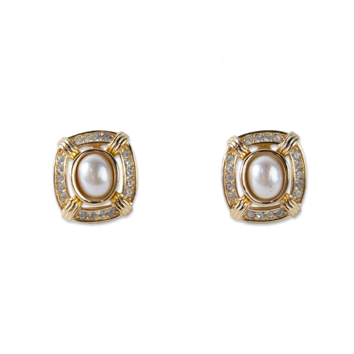 Christian Dior Gold Square Crystal Embellished Clip on Earrings