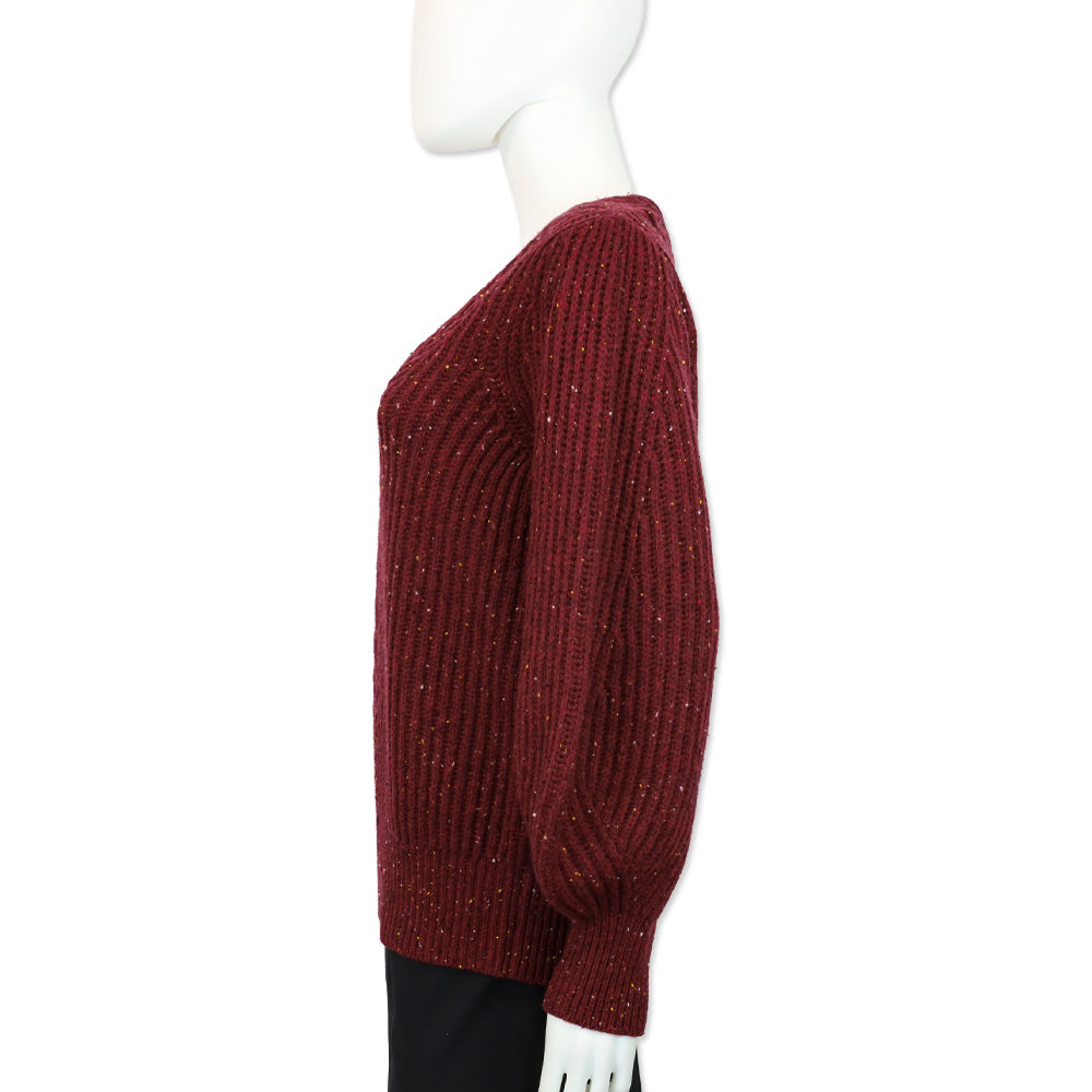 CO Speckeled Bordeaux Wool/Cashmere Ribbed Knit Balloon Sleeve Sweater
