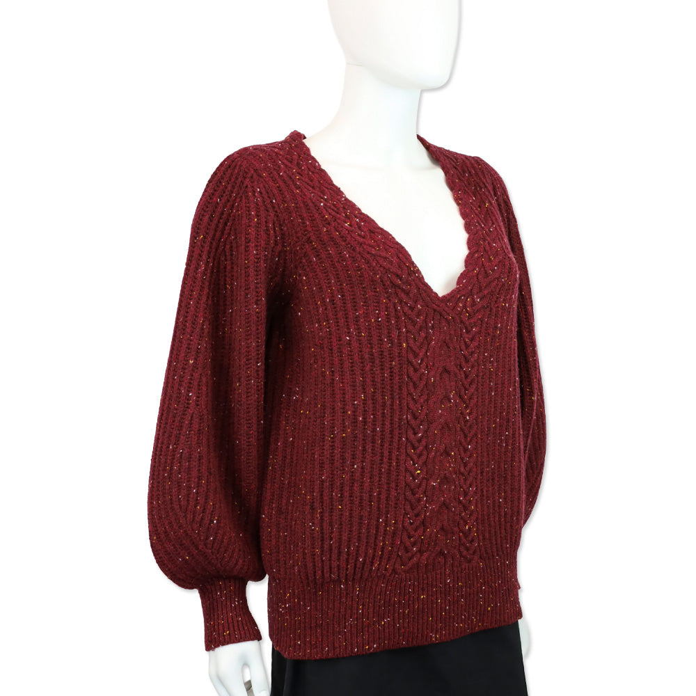 CO Speckeled Bordeaux Wool/Cashmere Ribbed Knit Balloon Sleeve Sweater