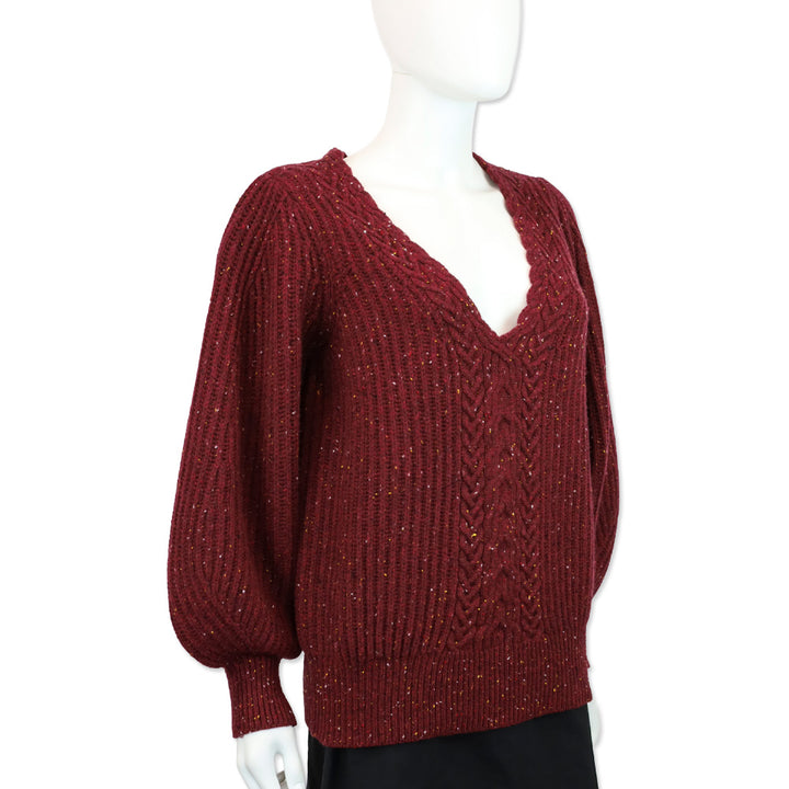 CO Speckeled Bordeaux Wool/Cashmere Ribbed Knit Balloon Sleeve Sweater