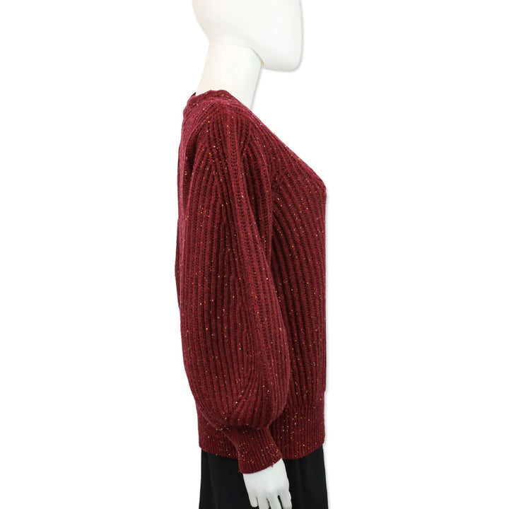 CO Speckeled Bordeaux Wool/Cashmere Ribbed Knit Balloon Sleeve Sweater