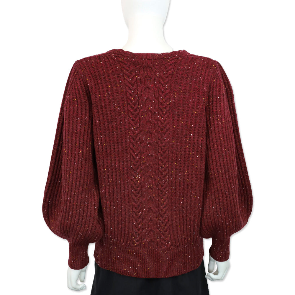 CO Speckeled Bordeaux Wool/Cashmere Ribbed Knit Balloon Sleeve Sweater