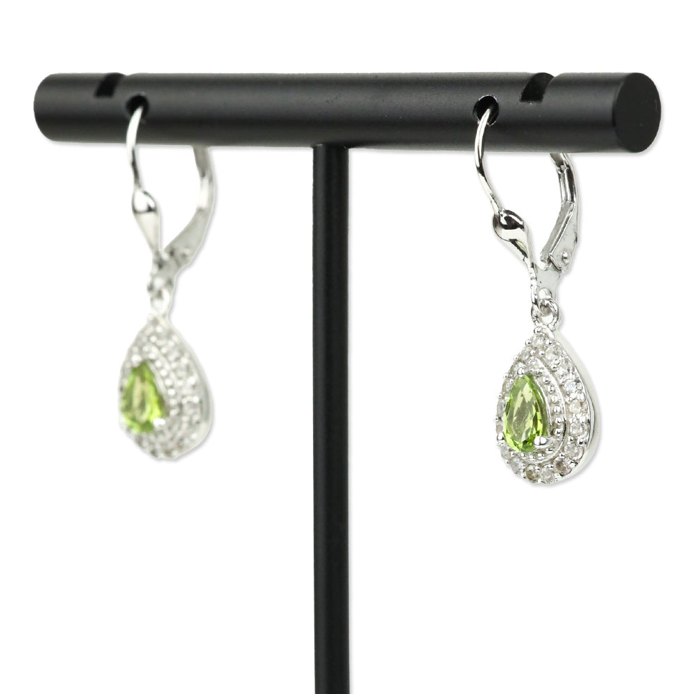 Calabar Green Tourmaline and White Zircon Lever Back Earrings in Platinum Over Sterling Silver