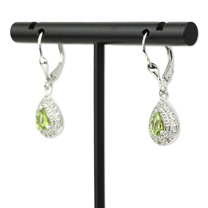 Calabar Green Tourmaline and White Zircon Lever Back Earrings in Platinum Over Sterling Silver
