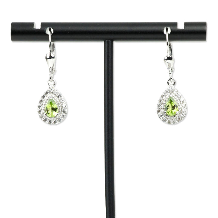 Calabar Green Tourmaline and White Zircon Lever Back Earrings in Platinum Over Sterling Silver