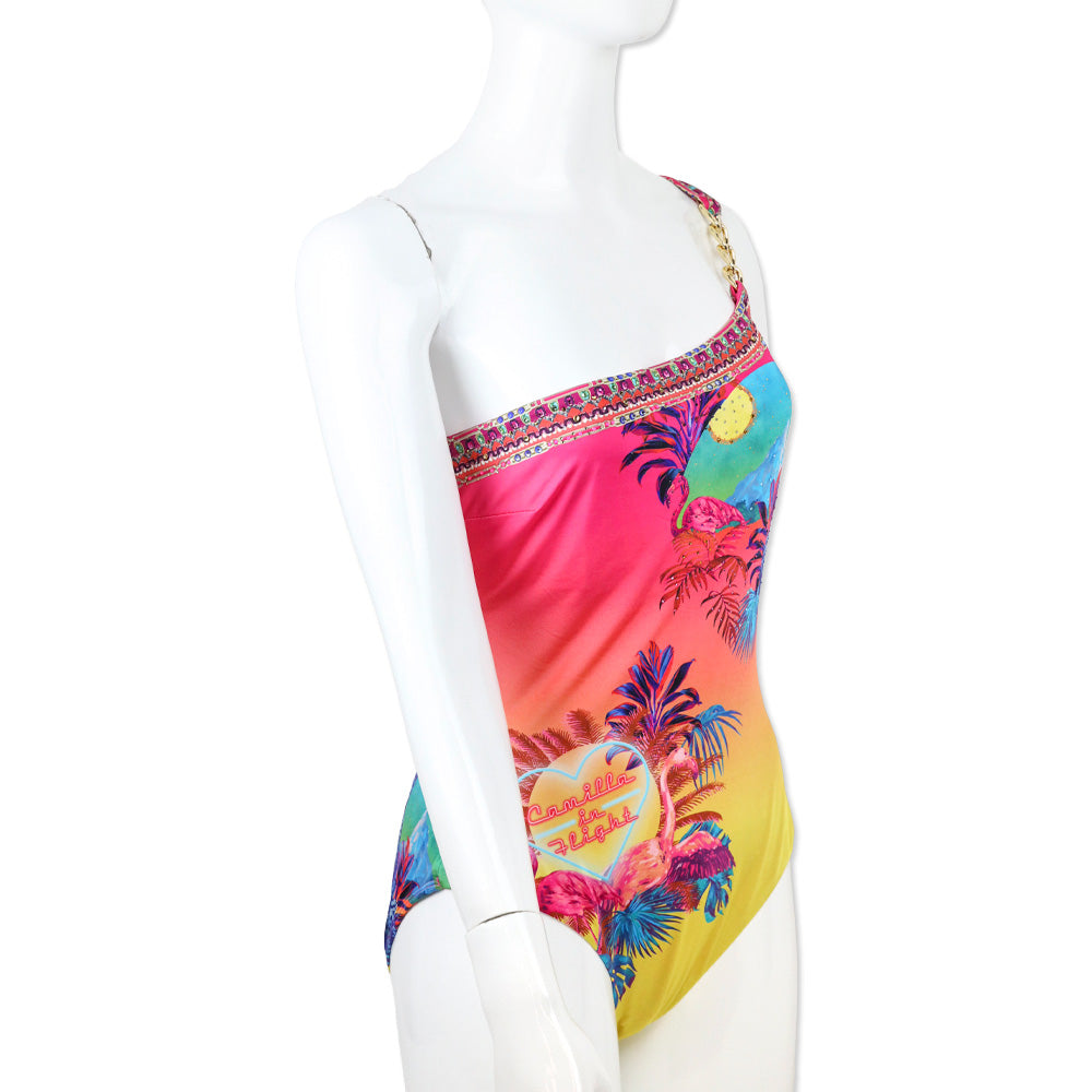 Camilla Flight of the Flamingo One Shoulder One Piece Swimsuit with Chain