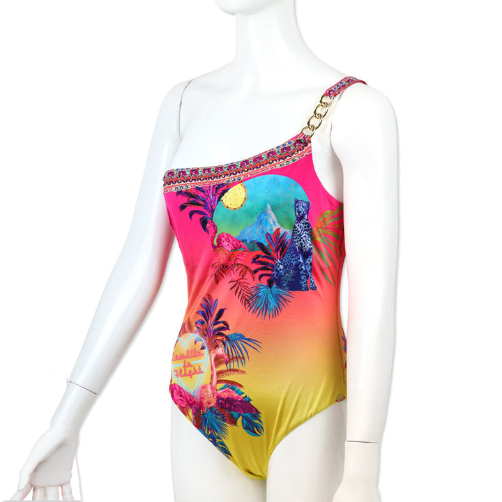 Camilla Flight of the Flamingo One Shoulder One Piece Swimsuit with Chain