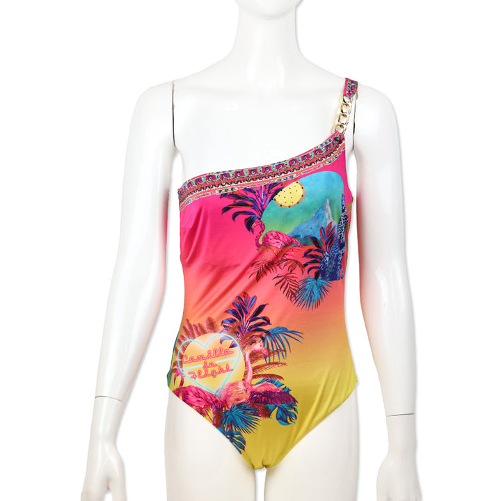 Camilla Flight of the Flamingo One Shoulder One Piece Swimsuit with Chain