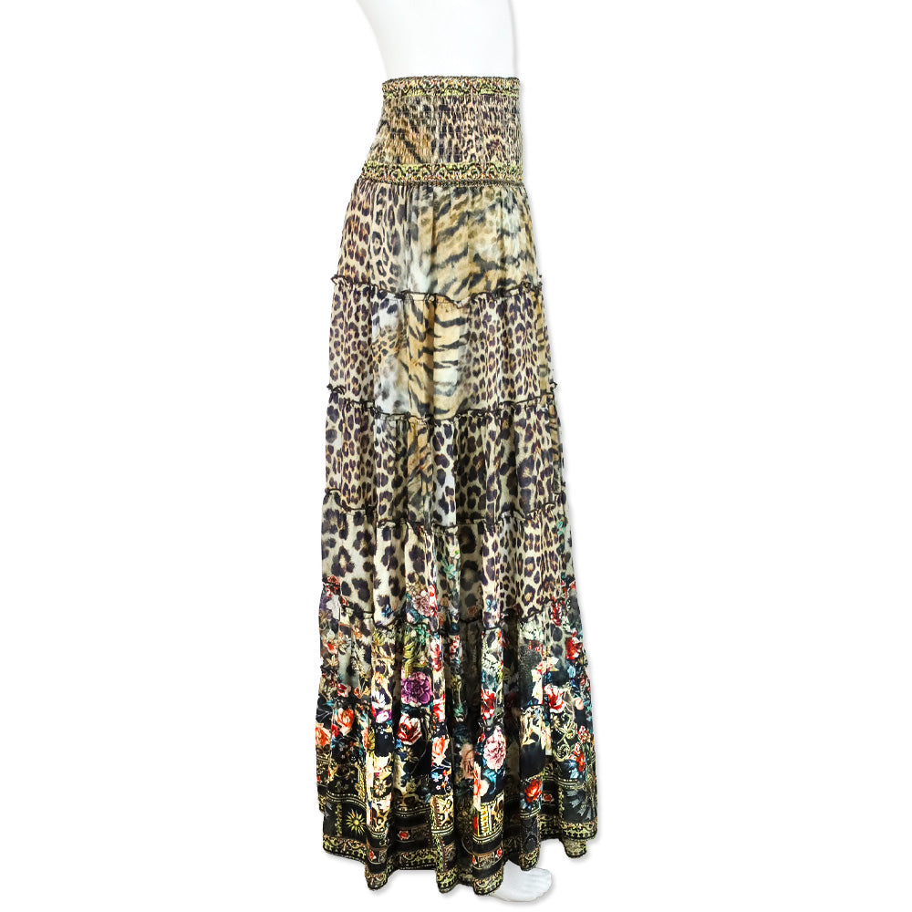 Camilla Leopard and Floral Print Silk Tiered Smocked Midi Skirt
