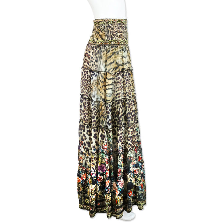 Camilla Leopard and Floral Print Silk Tiered Smocked Midi Skirt