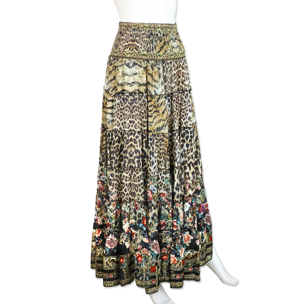 Camilla Leopard and Floral Print Silk Tiered Smocked Midi Skirt