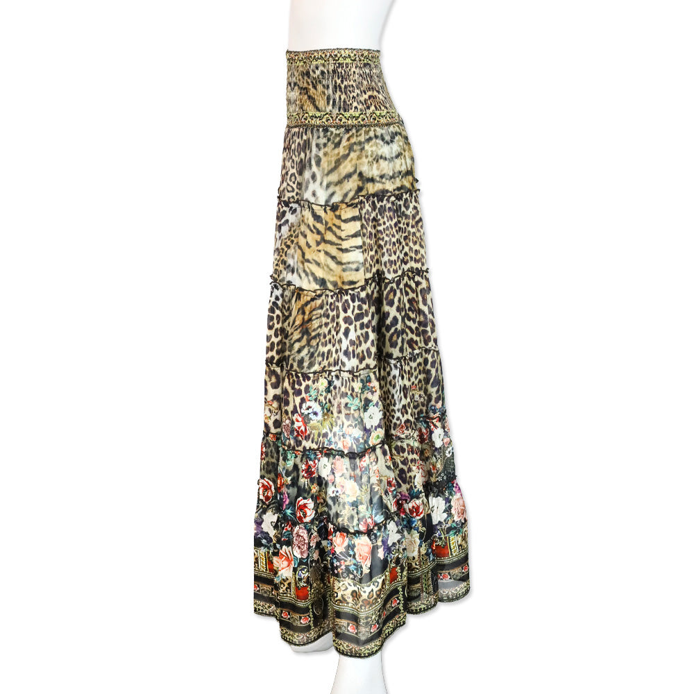 Camilla Leopard and Floral Print Silk Tiered Smocked Midi Skirt