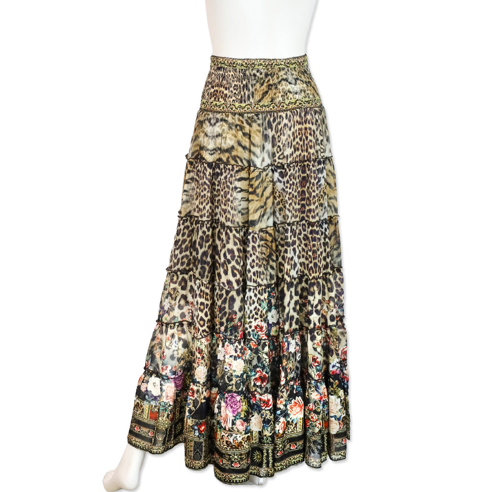Camilla Leopard and Floral Print Silk Tiered Smocked Midi Skirt