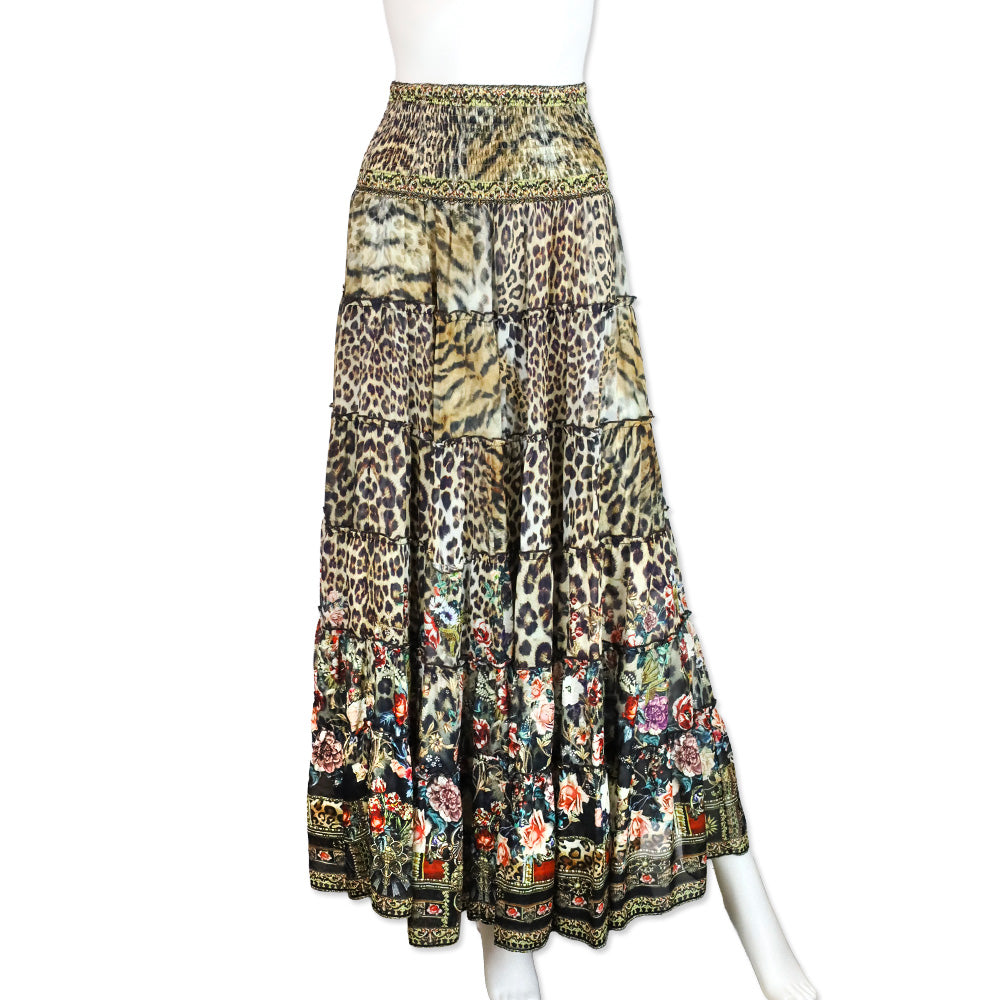 Camilla Leopard and Floral Print Silk Tiered Smocked Midi Skirt