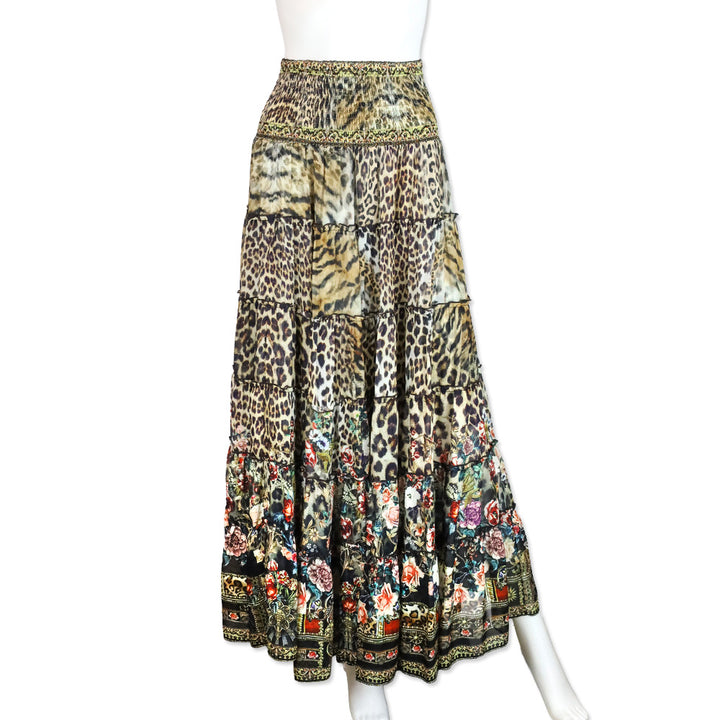 Camilla Leopard and Floral Print Silk Tiered Smocked Midi Skirt