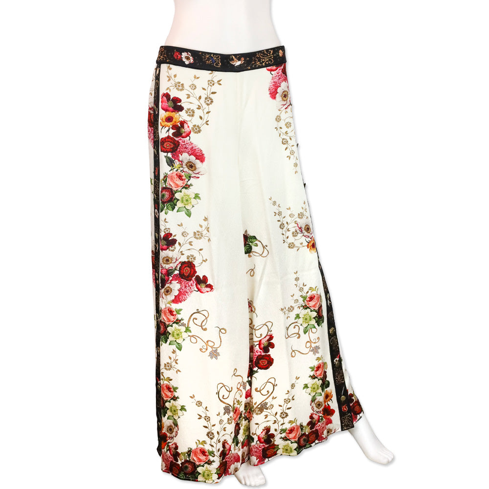 Camilla White Floral Print Crepe Satin Wide Leg Pants
