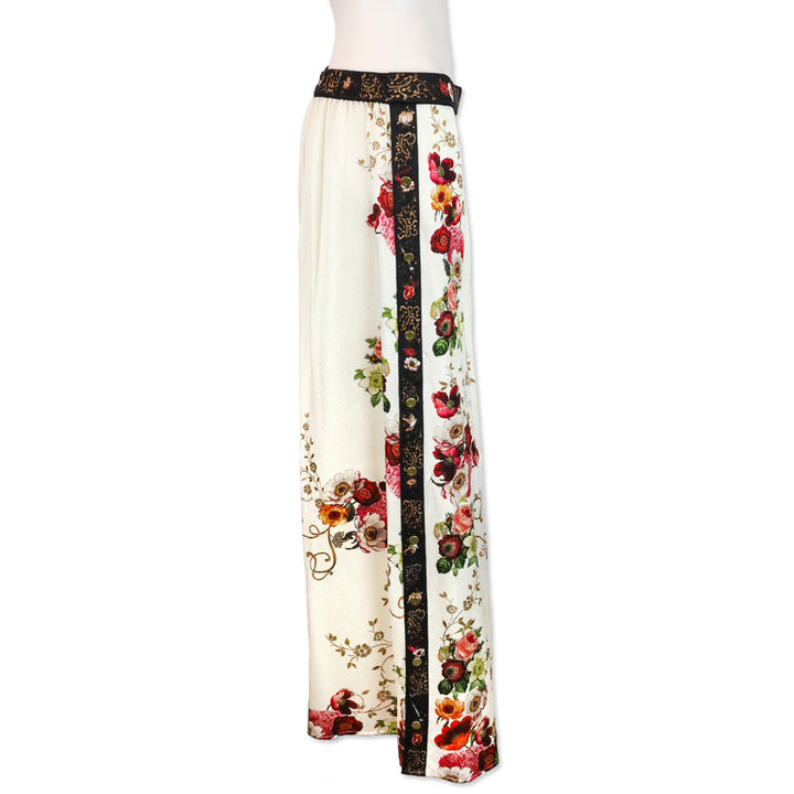 Camilla White Floral Print Crepe Satin Wide Leg Pants